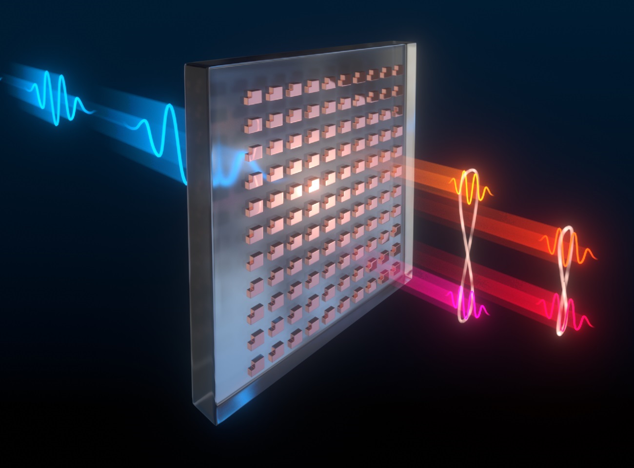 In this artist rendering of a metasurface, light passes through tiny, rectangular structures — the building blocks of the metasurface — and creates pairs of entangled photons at different wavelengths