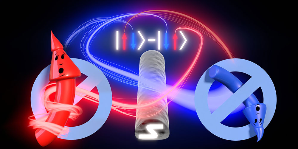 Electrons leave a superconductor only as pairs with opposite spins.