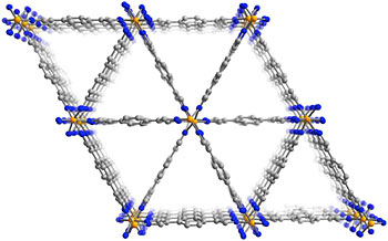 This view of the molecular structure of the MOF shows the triangular channels that run through the material. 