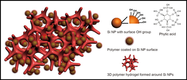 An illustration of a new battery electrode made from a composite of hydrogel and silicon nanoparticles