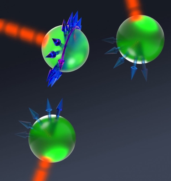 This artist’s rendering shows all-optical control of an individual electronic spin within a diamond. 