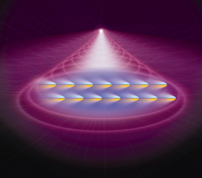 This artist’s conception shows atoms in a Bose-Einstein Condensate (BEC) being pushed by laser light.