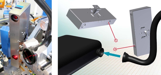 Detailed view of a laser projection on the measured flange and the adjacent sensor head