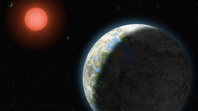 A planet with clouds and surface water orbits a red dwarf star in an artist’s conception of the Gliese 581 star system
