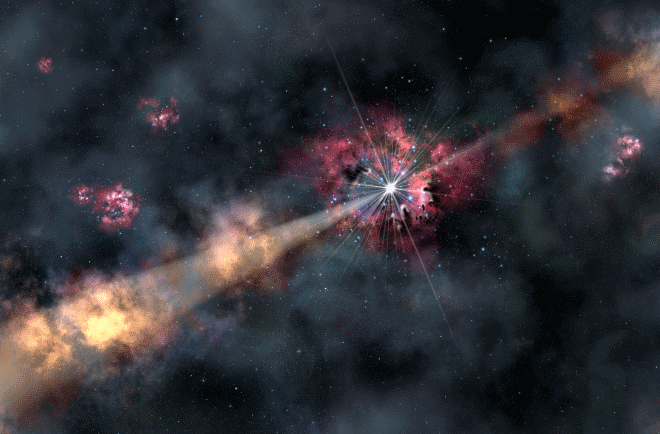 This artist's illustration depicts a gamma-ray burst illuminating clouds of interstellar gas in its host galaxy