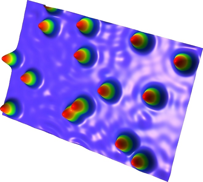 The scanning tunneling microscope makes single holmium atoms on a platinum surface visible