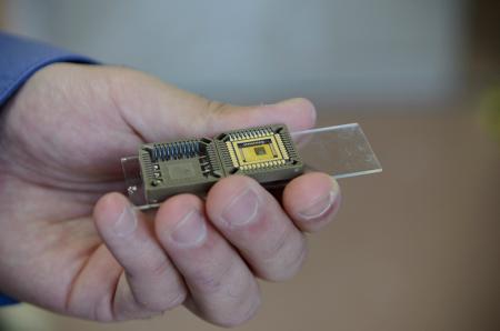A handheld medical diagnostic test cartridge, as developed by Thomas G. Myers Professor of Electrical Engineering Ali Hajimiri