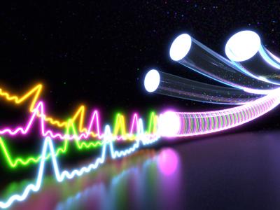 graphical illustration of square-shaped light signals sent through an optic fiber for 10x-enhanced data throughput