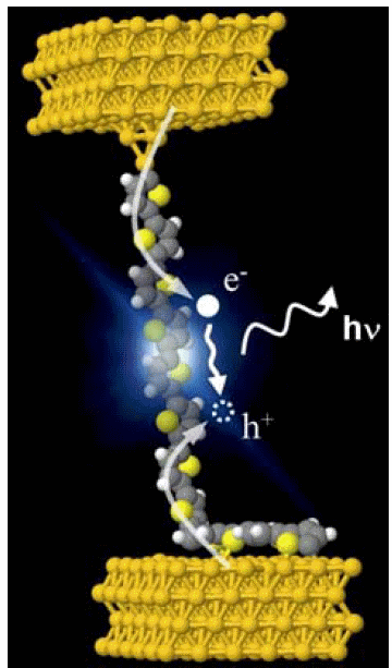 Artist impression of electroluminescence in a single polythiophene molecular wire suspended between the tip and the surface of a scanning tunneling microscope