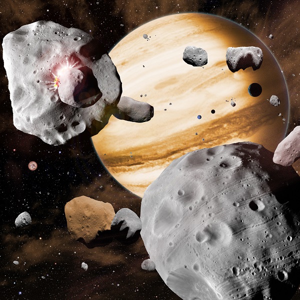 In this artist's conception, Jupiter's migration through the solar system has swept asteroids out of stable orbits, sending them careening into one another