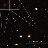 A Hubble Space Telescope color composite image, with two of the 15 mature galaxies