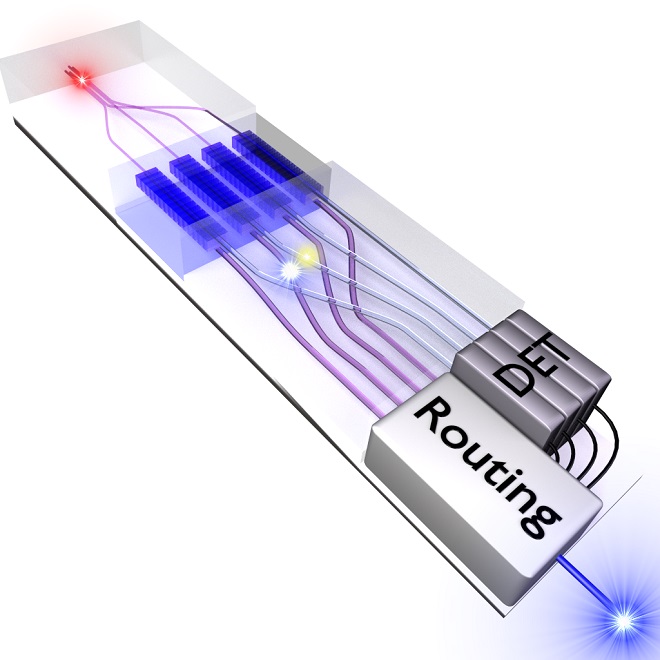 Cartoon of the four-way multiplexed light source showing on-chip photon generation and routing, credit Bernard Gay-Para