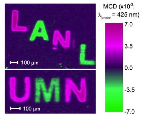 A demonstration that magnetic information can be optically written into SrTiO3, stored, and then optically read out. Here, the circular polarization and the magnetization direction were reversed at each subsequent letter. Image credit, Nature Materials