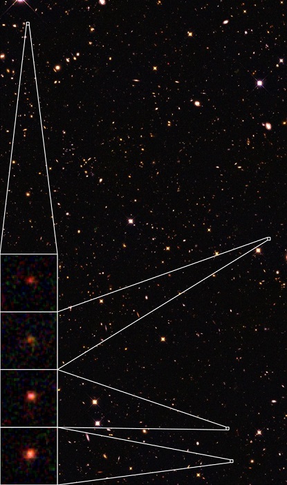 UDS astronomical field, with four of the 15 mature galaxies, based on the infrared light of NASA's Hubble Space Telescope