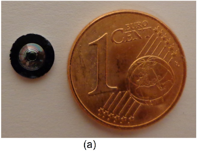 The new Fresnel lens, 1 mm thick and less than 4 mm in useful diameter, with a Euro cent for comparison