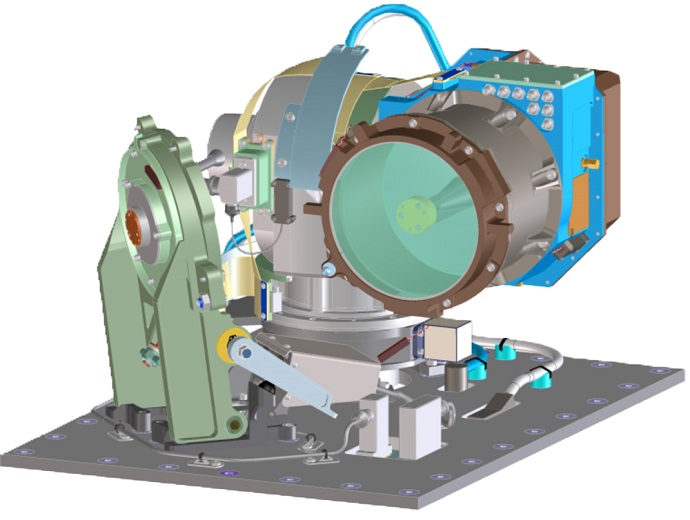 Computer-aided design drawing of the optical module on the satellite showing the telescope and gimbal