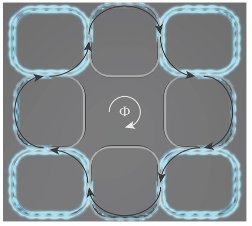 The 2D array consists of resonator rings, where light spends more time, and link rings, where light spends little time