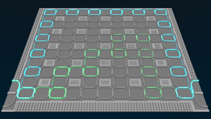 Light enters a two-dimensional ring-resonator array from the lower left and exits at the lower right