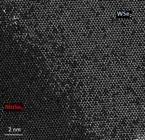 image shows the lattice structure of the heterojunctions in atomic precision