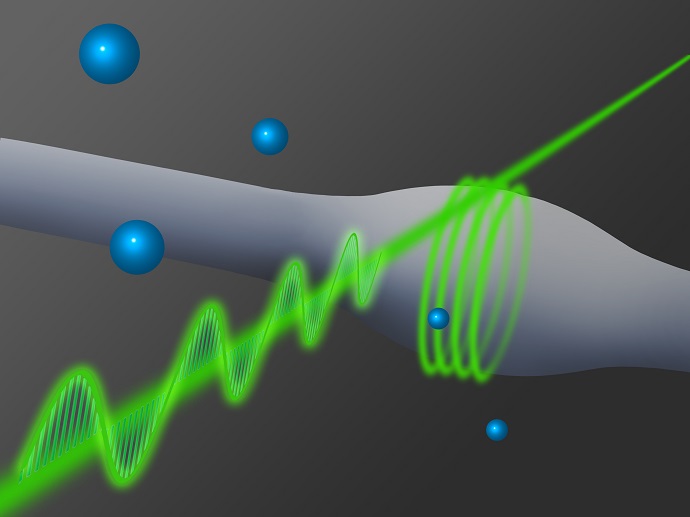 The light in a glass fibre is coupled to a bottle resonator