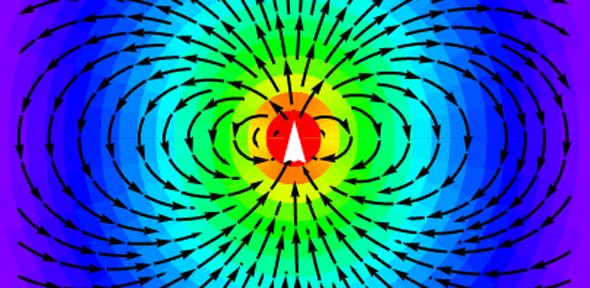 The radiation pattern from a dipole antenna showing symmetry breaking of the electric field