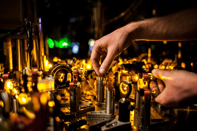 Laser beams are precisely aligned before being sent into the vacuum chamber