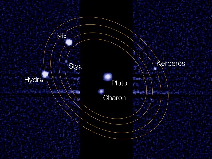 This composite image from the Hubble Space Telescope shows Pluto and its largest moon