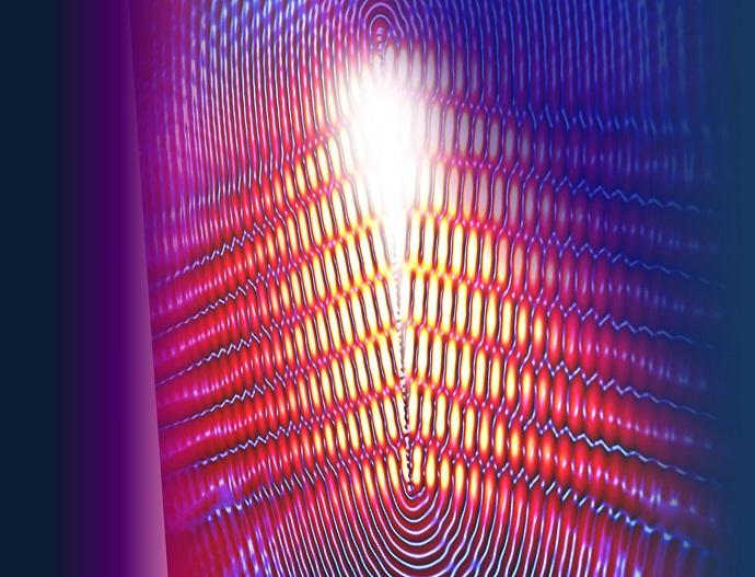 Artistic rendition of the superluminal running wave of charge that excites the surface plasmon wakes