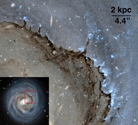 The leading side of the disk shows the effects of strong ram pressure