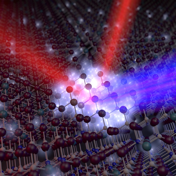 This rendering depicts a new plasmonic oxide material that could make possible devices for optical communications that are at least 10 times faster than conventional technologies