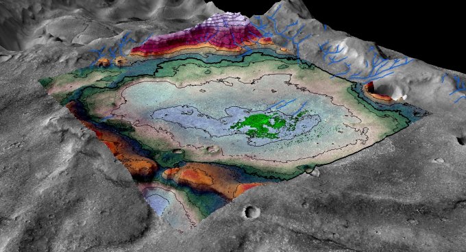 A perspective rendering of the Martian chloride deposit and surrounding terrain