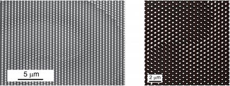 Scanning electron microscope of a metasurface showing silicon nano-pillars on a glass substrate