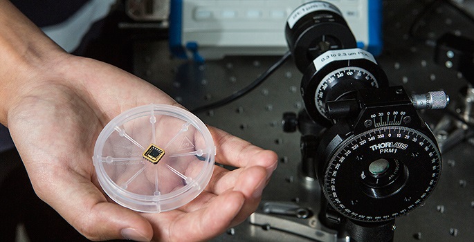 The chip in the hand does the same job as the conventional circularly polarized light detector on the right
