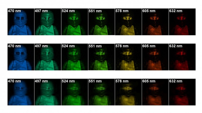 Images at wavelengths from 470 nm to 632 nm within image cubes reconstructed by the new algorithm and another state-of-art algorithm for the LEGO image cube