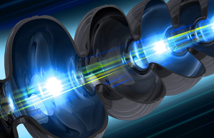 Illustration of an electron beam traveling through a niobium cavity – a key component of SLAC’s future LCLS-II X-ray laser