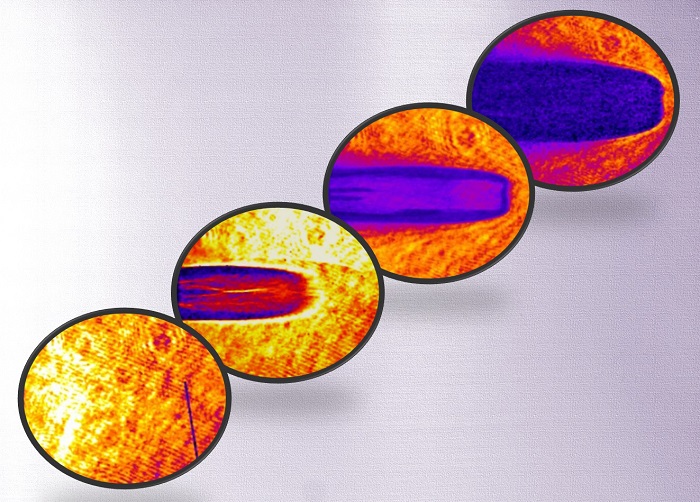 Four images taken at two-nanosecond intervals by two ultra-fast X-ray imaging cameras