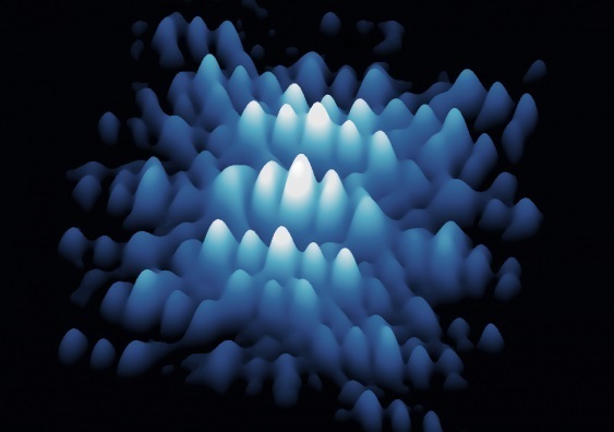 A scanning tunnelling microscope image showing the atomic level detail of the electron wave function of a phosphorus atom in a silicon chip