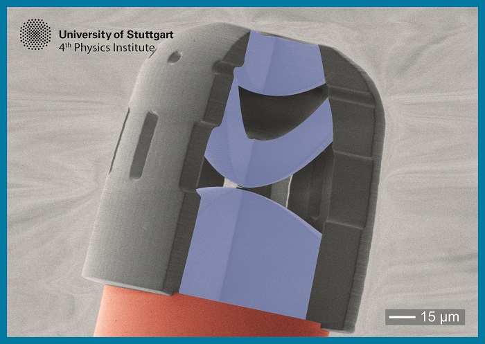 Colored SEM-image of a miniature triplet lens directly fabricated on an optical fiber