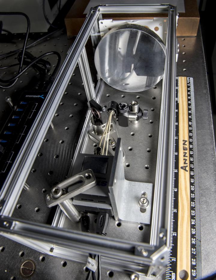 This laboratory breadboard is being used to test a conceptual telescope for use on CubeSat missions