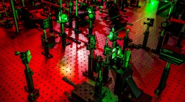 This experimental laser ultrasonic setup in collaborator Nick Boechler's lab will create phonons with nature-defying characteristics