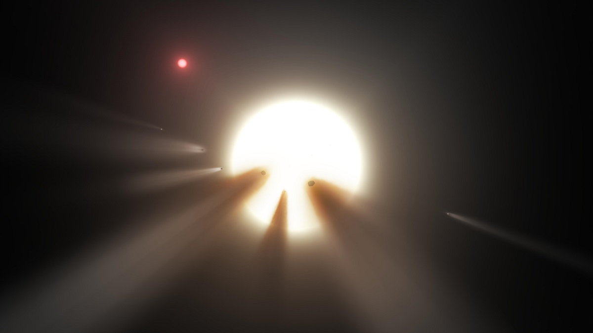 This artist’s conception shows a star behind a shattered comet