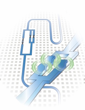 This illustration shows a qubit attached to a waveguide where light in the form of microwaves enters and exits