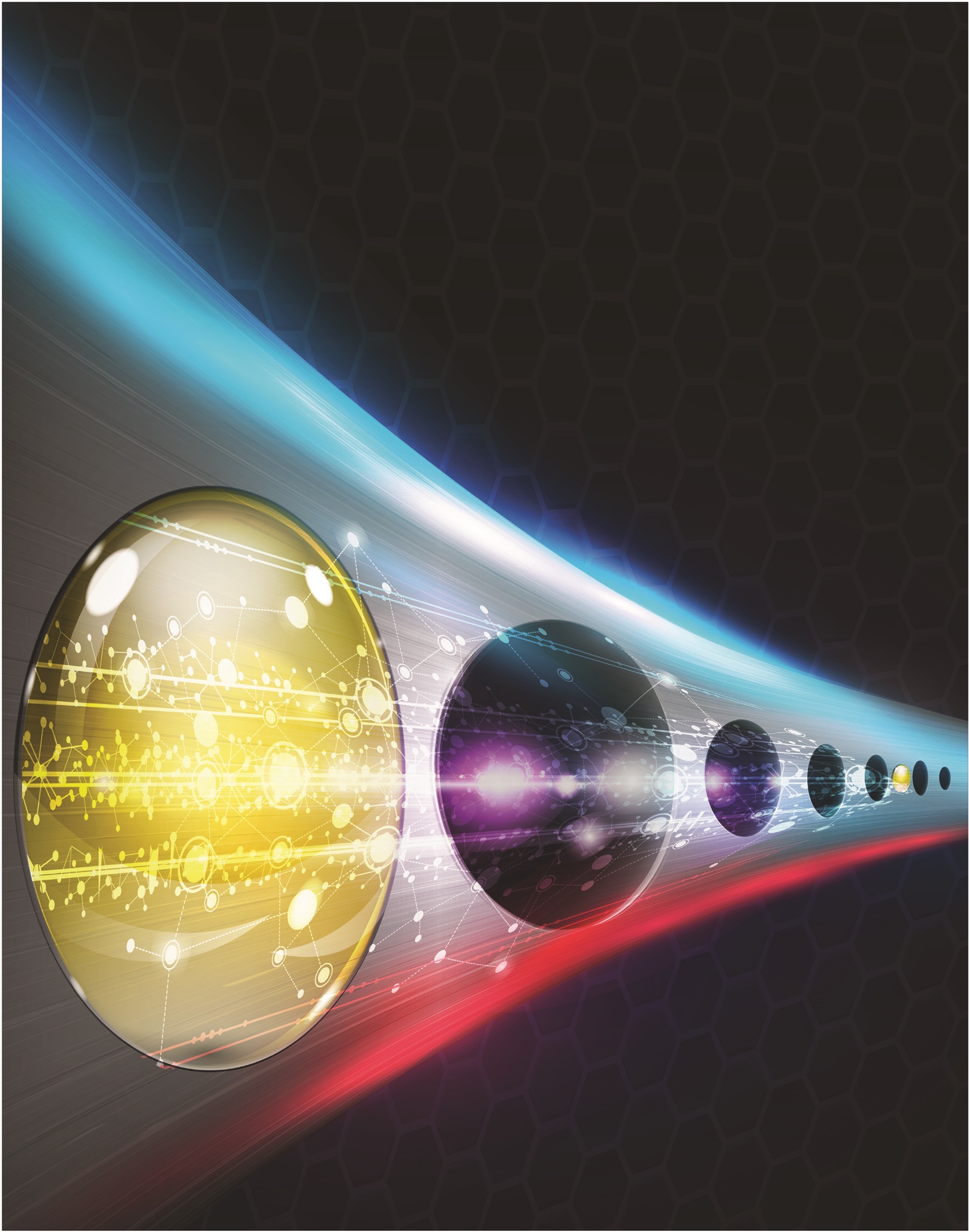 This stylized illustration of a quantum bridge shows an array of holes etched in diamond with two silicon atoms placed between the holes