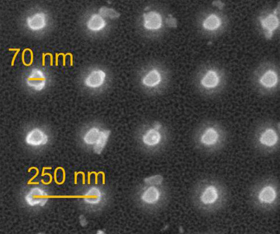 This scanning electron microscope image shows the nanomagnet array on a pre-commercial STT-MRAM prototype