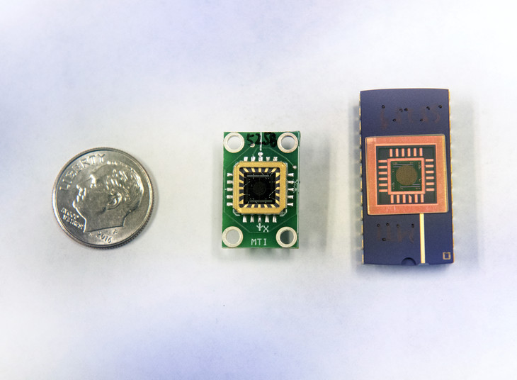 Two different microelectromechanical devices containing micro mirrors used to position an infrared laser beam to target a receiver and send information compared to a dime