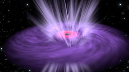 Artist impression illustrating a supermassive black hole with X-ray emission emanating from its inner region and ultrafast winds streaming from the surrounding disk