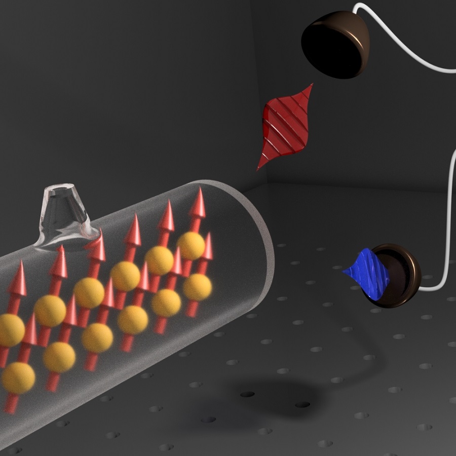 Visualization of a hybrid bipartite entanglement between a single photon (blue) and an atomic spin-wave excitation inside quantum memory glass cell