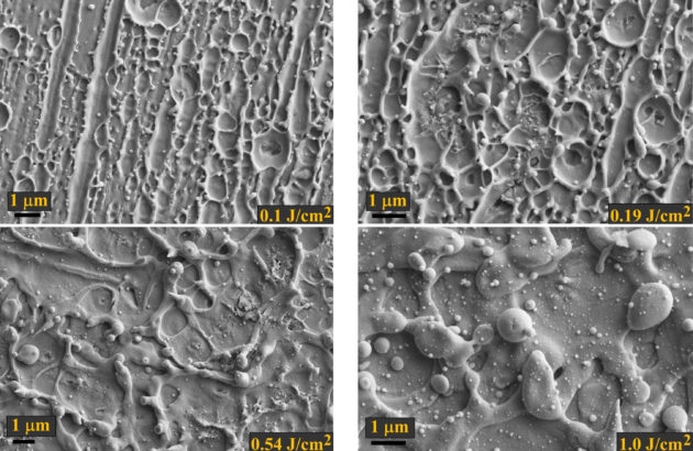 Electron microscope images of micro- and nanostructures found within a material’s surface after application of femtosecond laser pulses