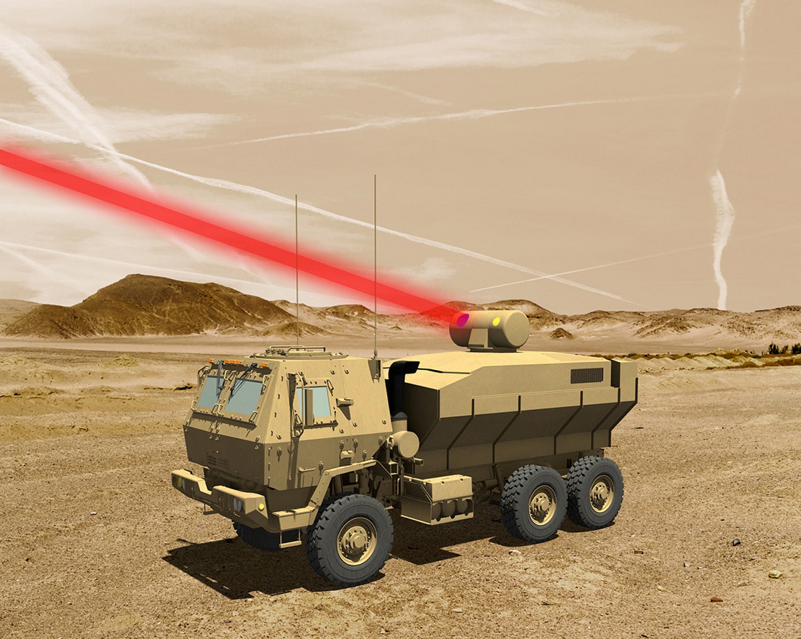 A rendering of a truck mounted 60 kW laser weapon system for tactical U.S. Army vehicles