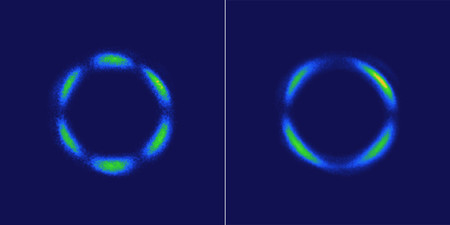 These images show light patterns generated by a rhenium-based crystal using a laser method called optical second-harmonic rotational anisotropy